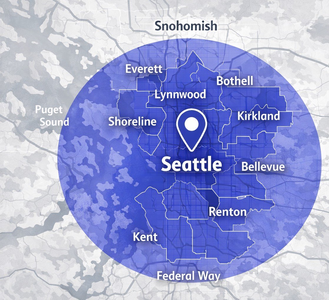 Map of the Greater Seattle service area, covering King and Snohomish County from Everett to Federal Way