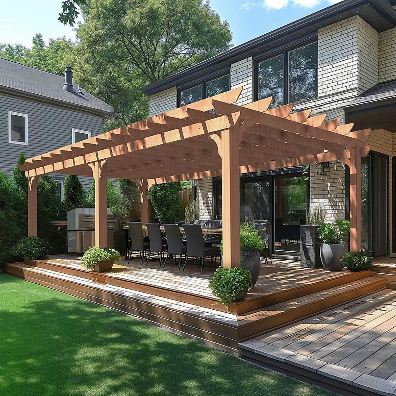 Covered deck with a cedar pergola and built-in outdoor kitchen in Seattle