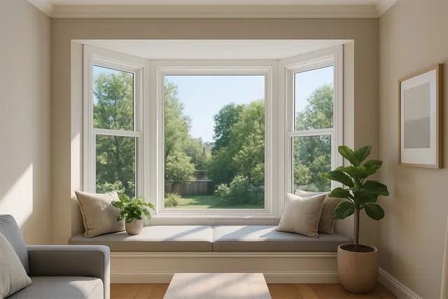 White bay window with cushioned window seat overlooking a leafy backyard