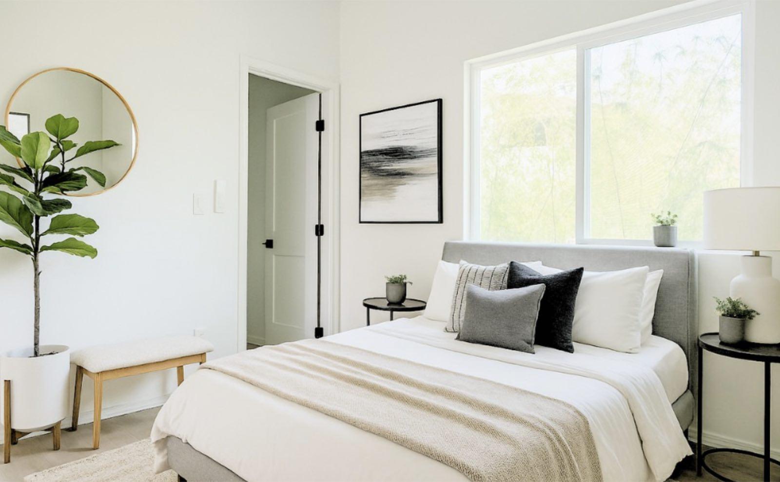 Bright bedroom with gray upholstered bed, wide window, round gold mirror, and fiddle-leaf fig