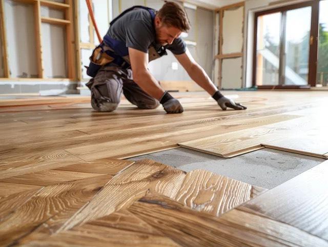 Worker in gloves kneeling to lay oak floor planks in a room under renovation