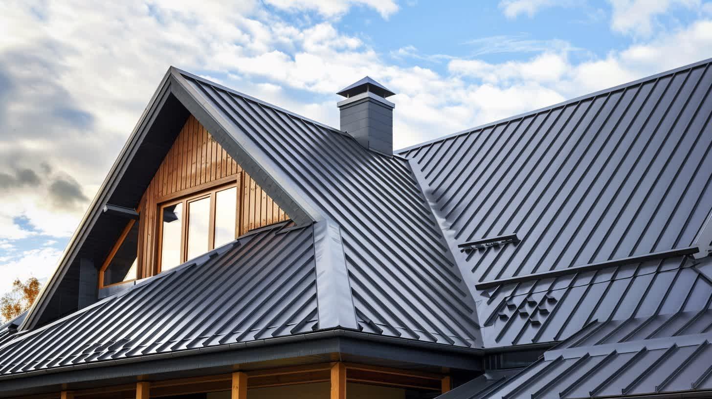 Dark gray standing-seam metal roof with gabled dormer, wood-clad dormer wall, and chimney