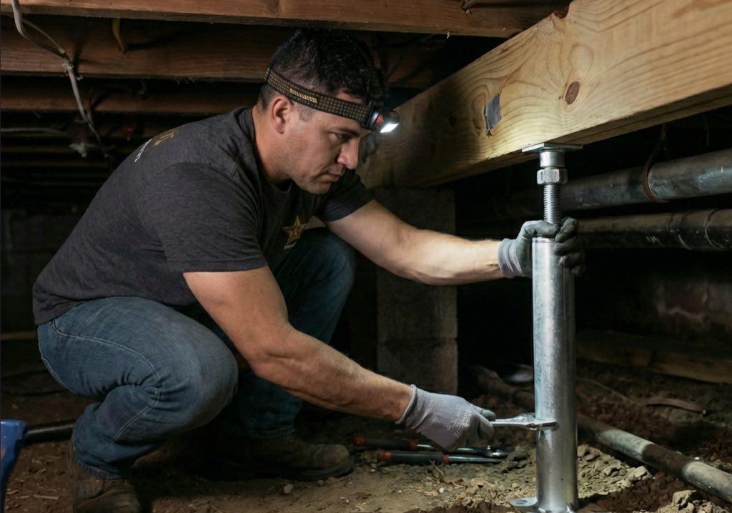 Worker with headlamp adjusting a steel jack post under a wood beam in a crawl space