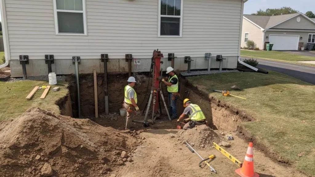 Crew in hard hats installing foundation piers in an excavated trench beside a house