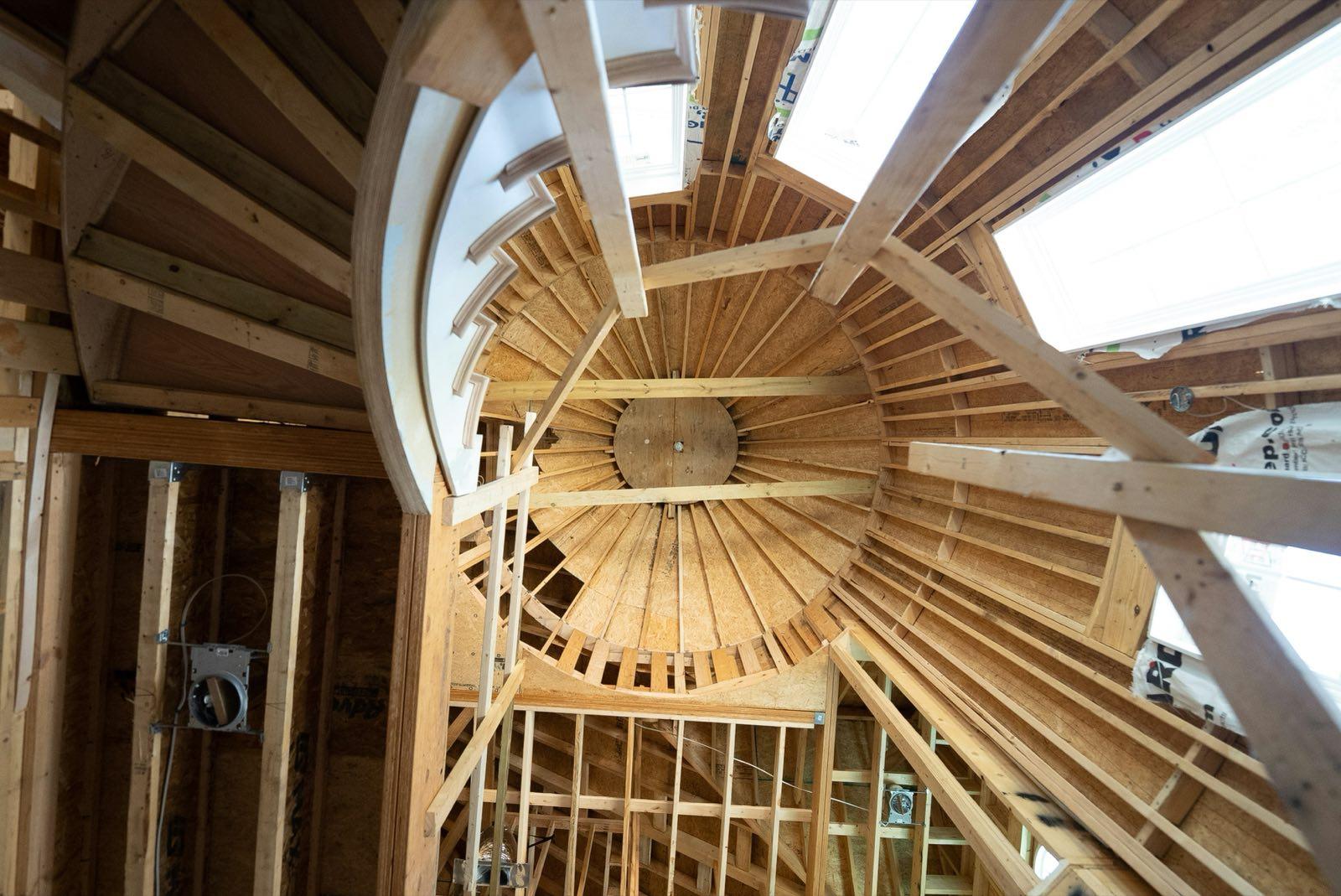 Detail of a spiral ceiling built by Saddle and Spur Construction